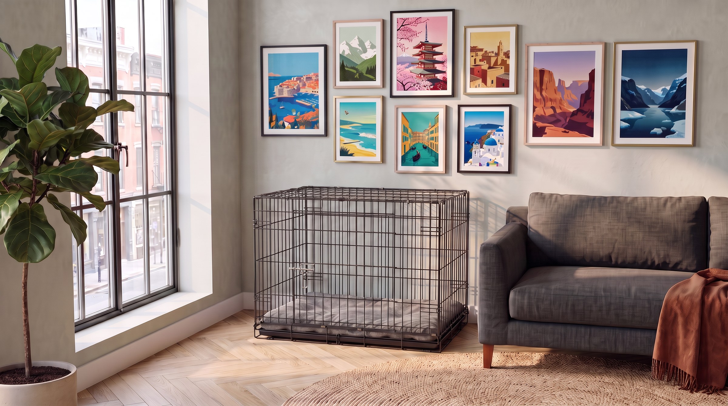 The same corner with a standard black wire dog crate