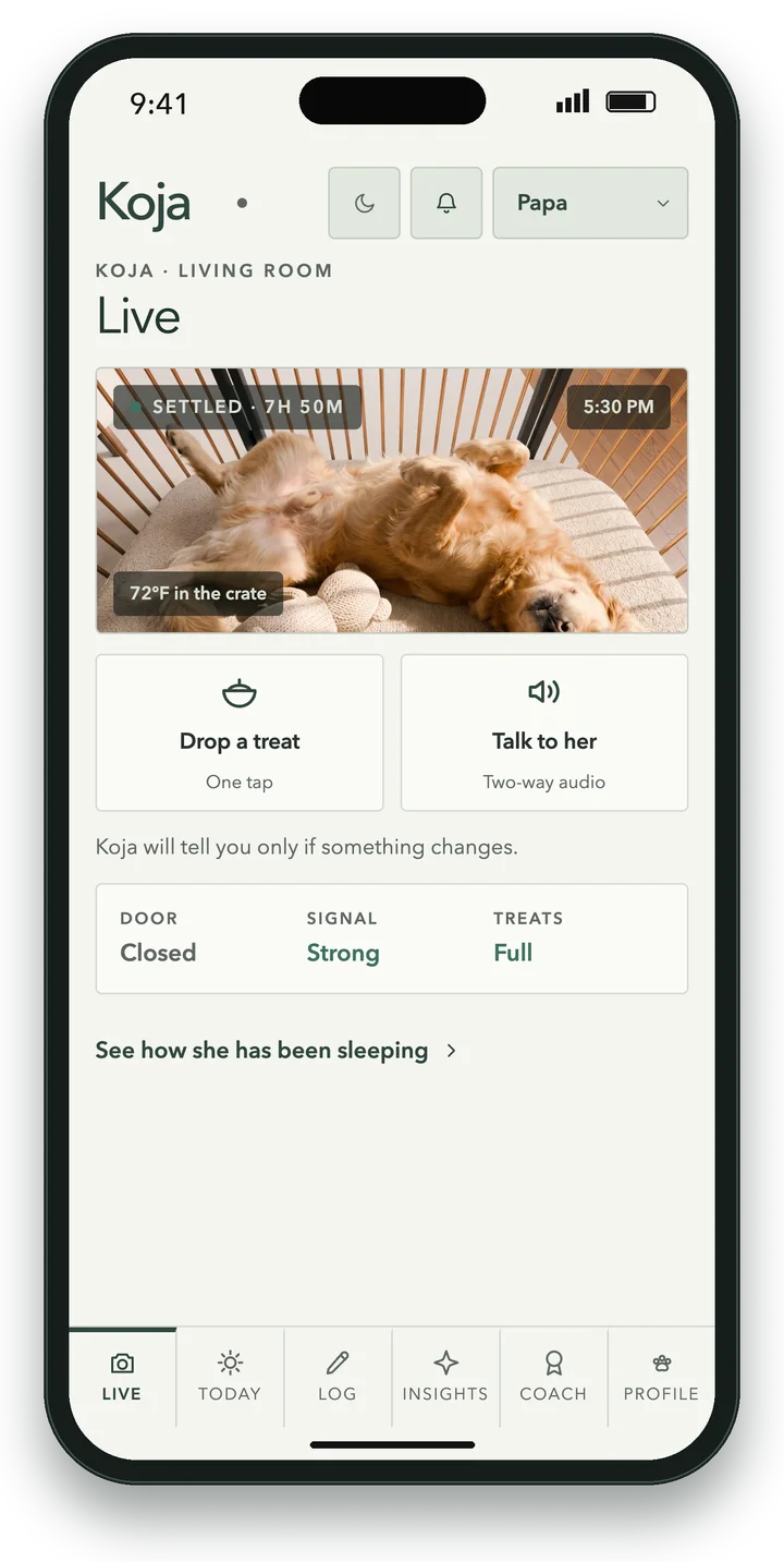 The KOJA app showing live view, talk and treat controls