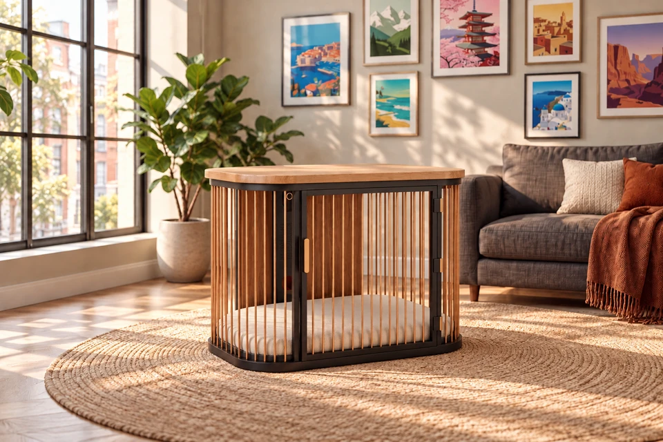 The empty KOJA crate centered on a rug in a sunlit living room, with no dog