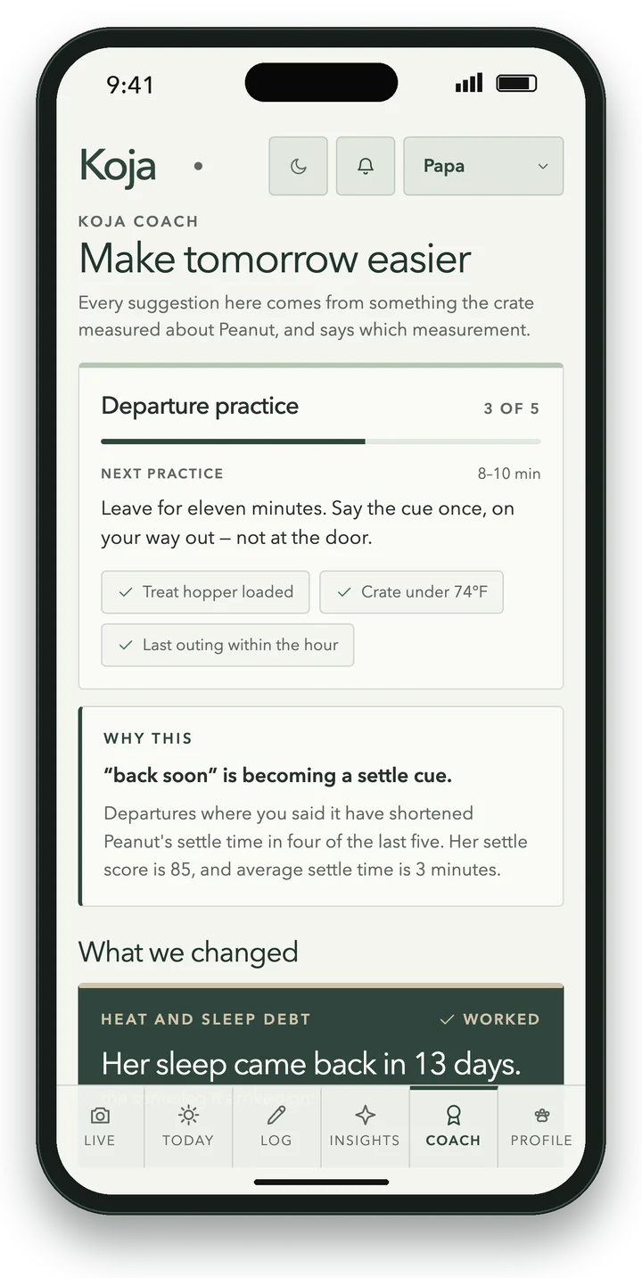 The Koja app Coach screen