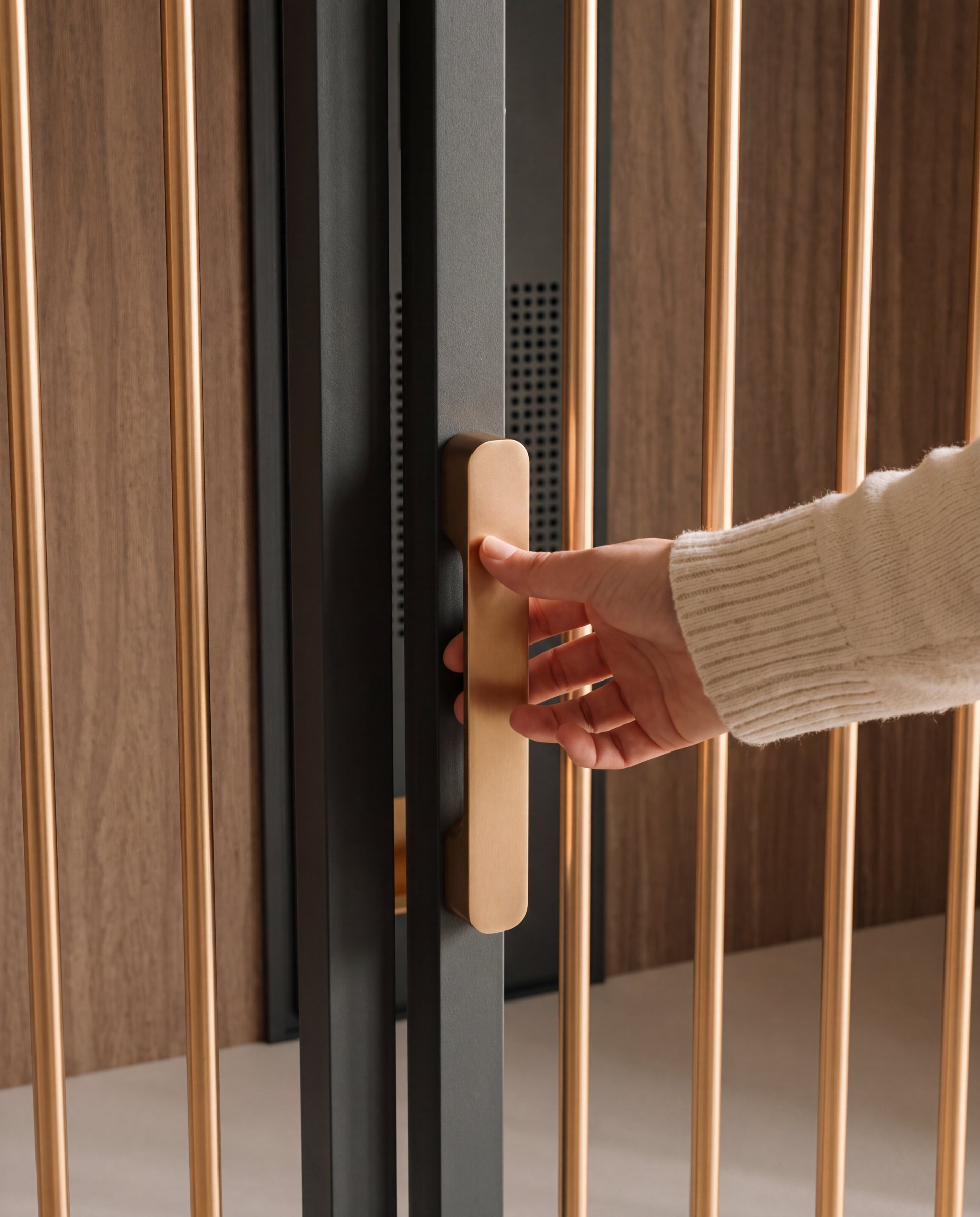 Two fingers lift Koja's bronze door lever