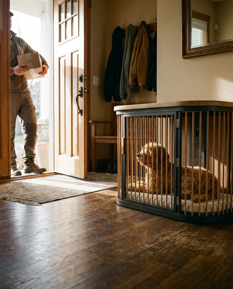 A courier waits at the open front door with a parcel while a golden doodle lies settled inside Koja in the hallway