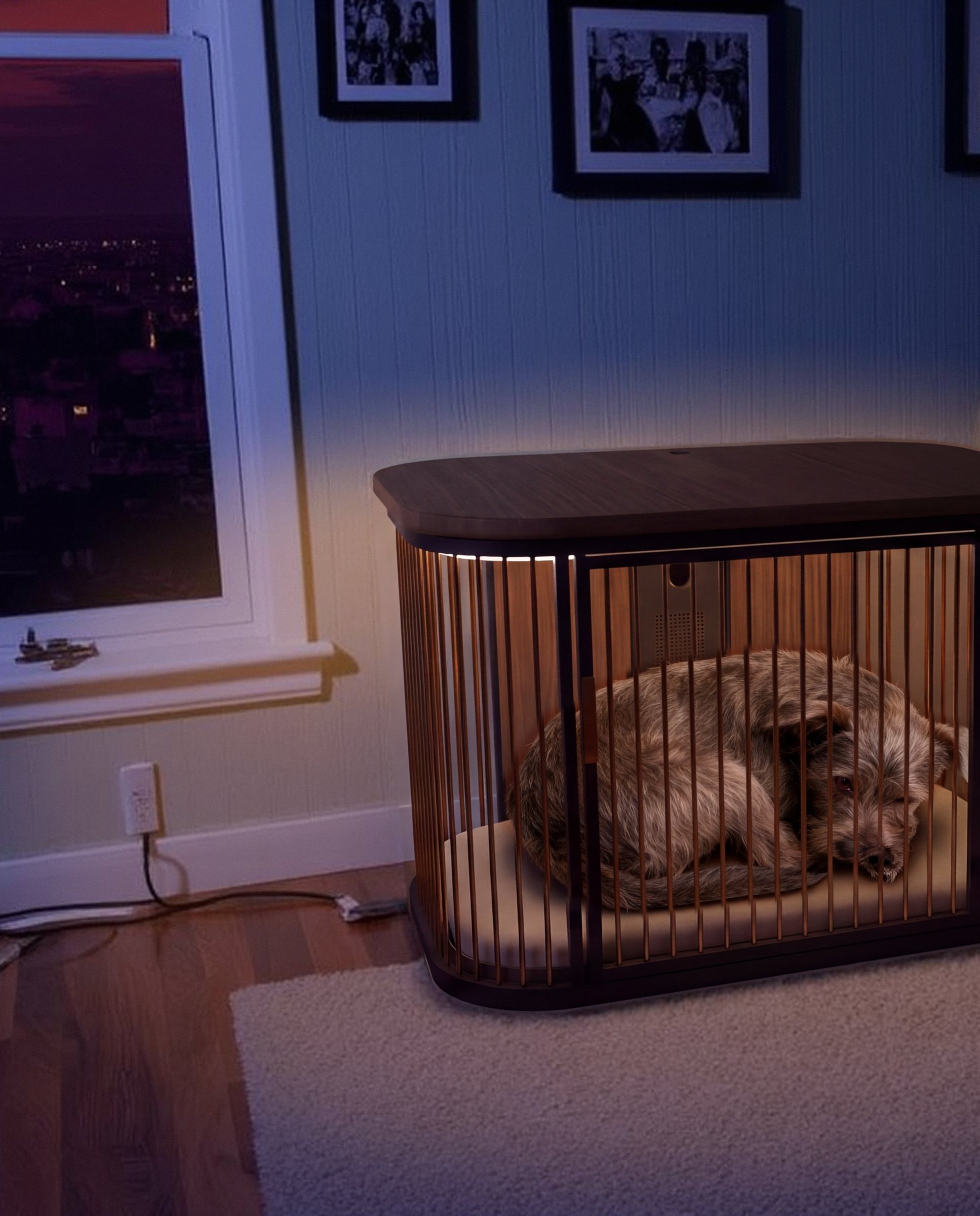 On a loud night, a scruffy rescue terrier rests in Koja by the soft glow of its night light