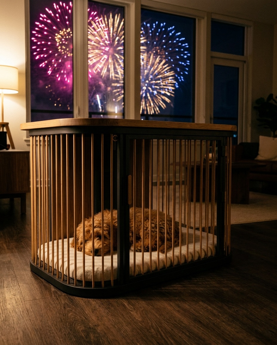 Fireworks burst beyond the living-room windows while a golden doodle sleeps curled up inside Koja
